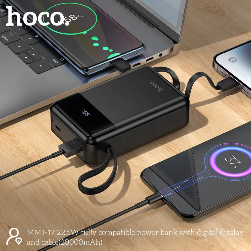 Hoco MMJ-17 22.5W Power Bank – 20000mAh Built-in Lightning & Type-C Cables - Gallery Image 1